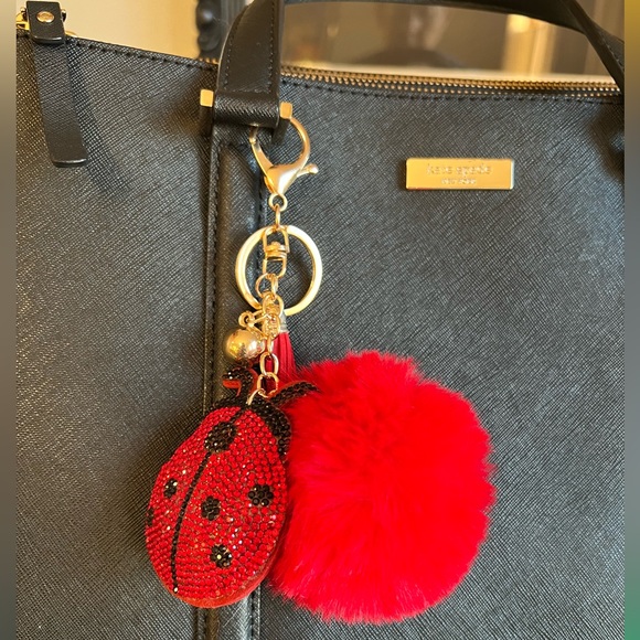 Rhinestone Ladybug with Red Pom Pom & Tassel/Gold Ball - Purse Charm / Key Charm - Picture 4 of 8